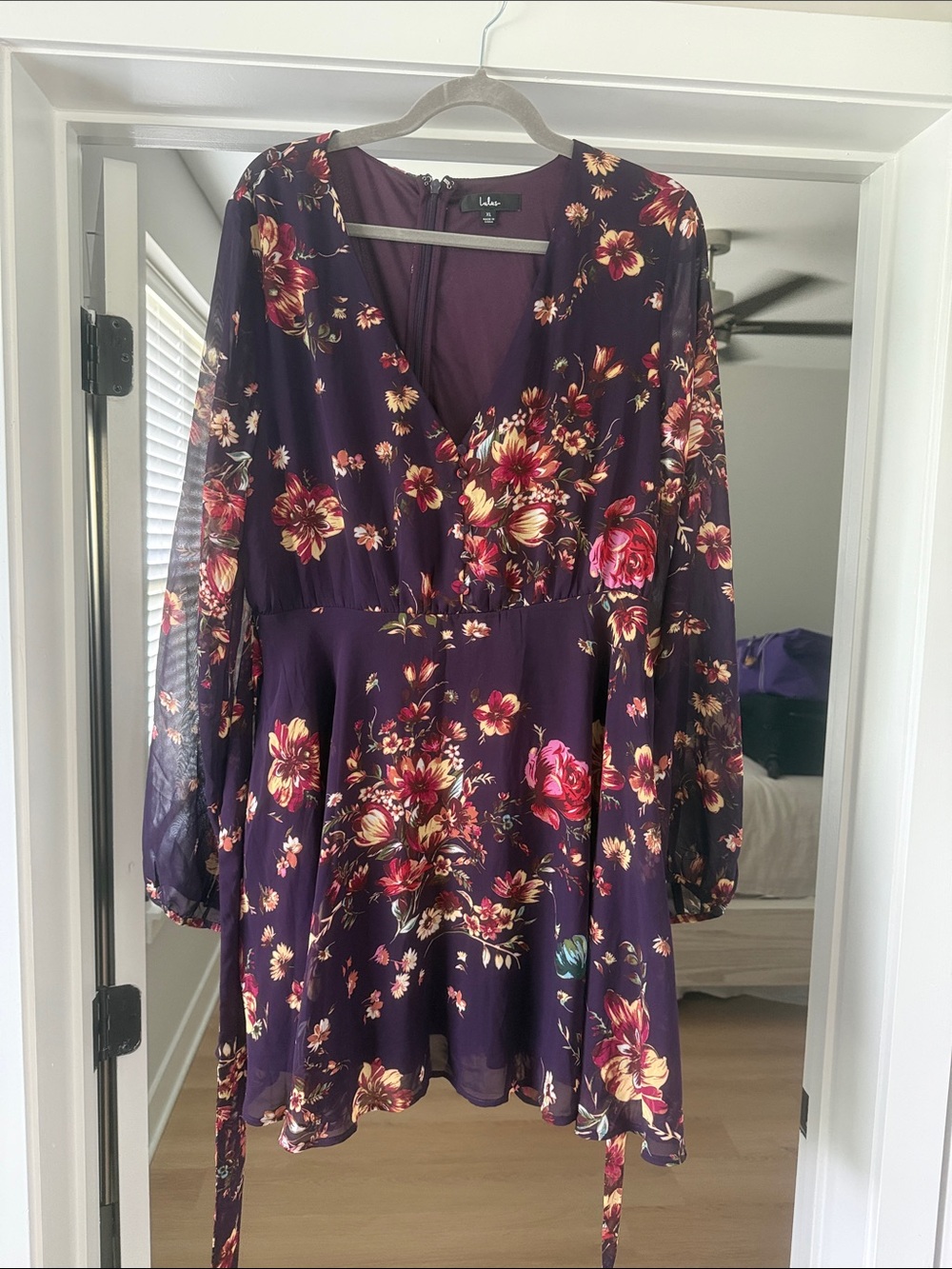 Lulu's Plum Floral V-Neck Long Sleeve Mini Dress